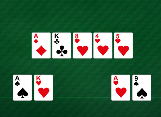 A table with Ace of Diamonds, King of Clubs, 8 of Hearts, 4 of Hearts and 5 of Hearts. Left player reveals Ace of Spades and King of Hearts, Right player reveals Ace of Hearts, 9 of Spades.
